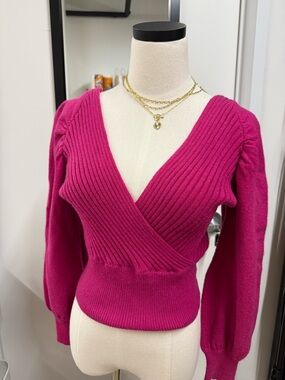 Show Me Your MuMu Fuchsia Ribbed Wrap V-Neck Sweater